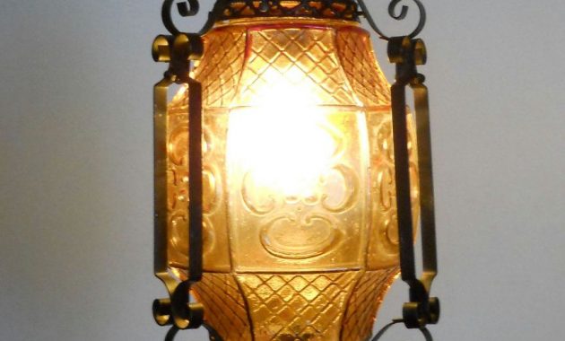 Gothic Lantern Amber Art Glass And Wrought Iron Swag Hanging Lamp regarding sizing 863 X 1500