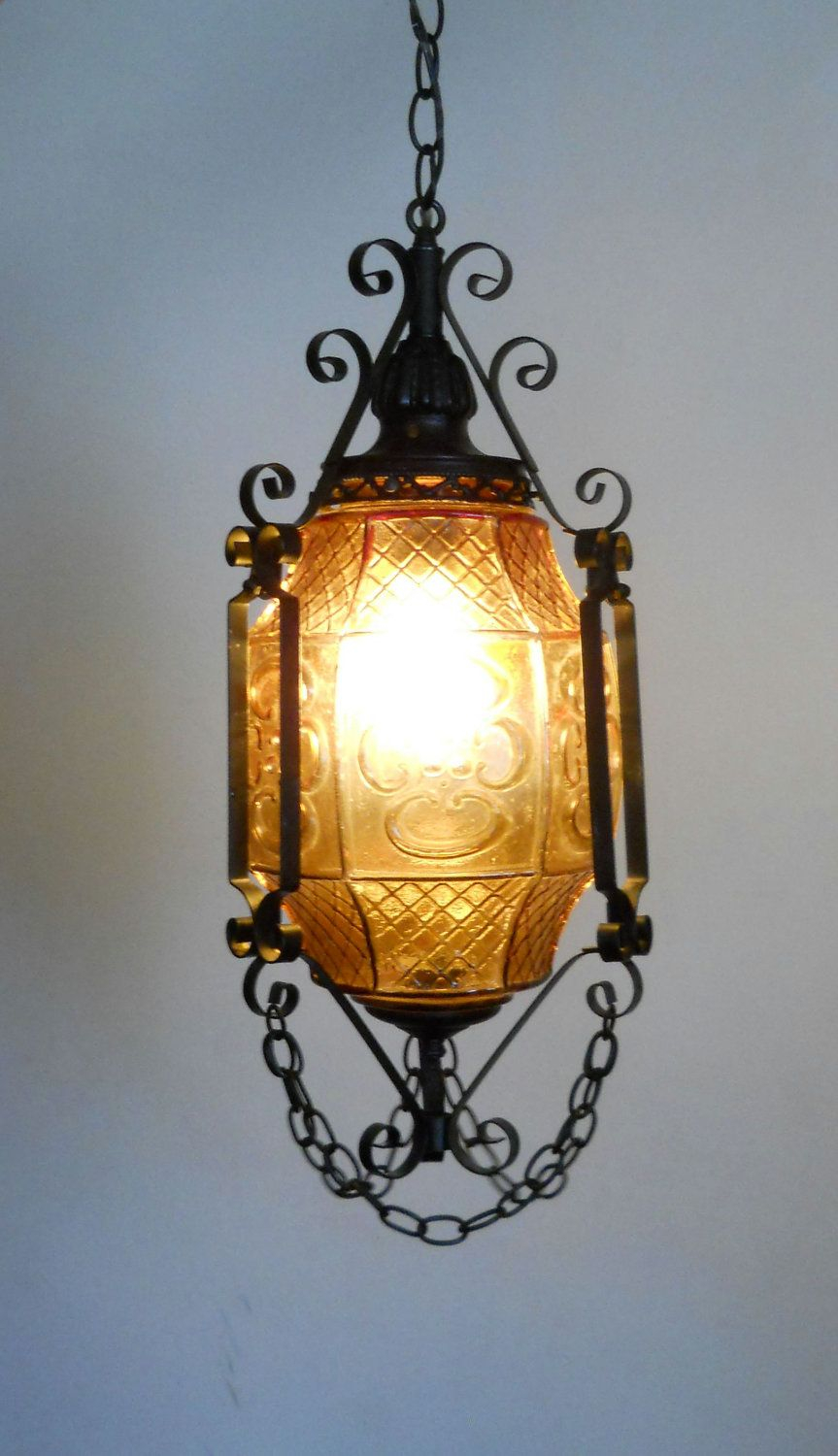 Gothic Lantern Amber Art Glass And Wrought Iron Swag Hanging Lamp regarding sizing 863 X 1500