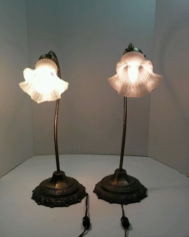 Lot Of 2 Vintage Tulip Brass Gooseneck Lamps W Milk Frosted Glass in sizing 795 X 1000