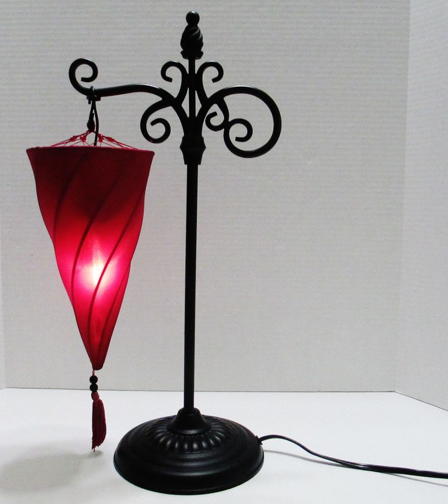 Moroccan Desktable Lamp With Upside Down Hanging Spiral Cloth Shade pertaining to size 889 X 1000