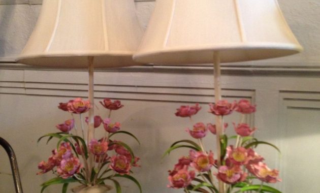 Pair Of Vintage Painted Tole Metal Flower Lamps With Custom Silk for dimensions 1125 X 1500