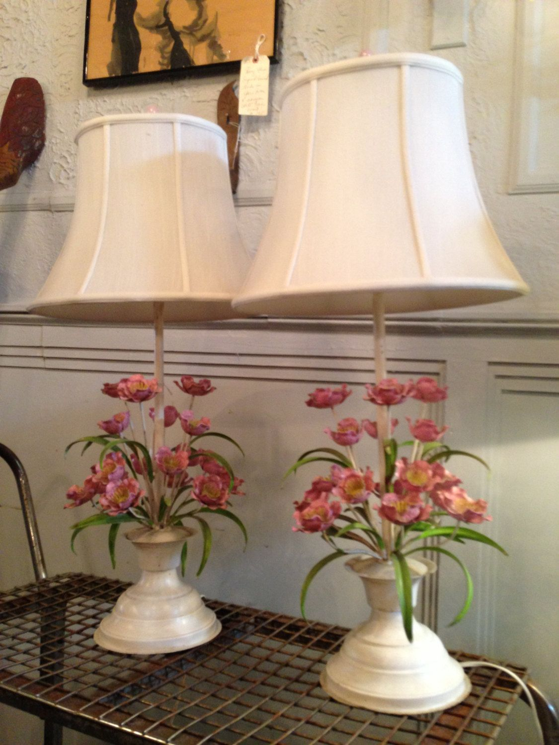 Pair Of Vintage Painted Tole Metal Flower Lamps With Custom Silk for dimensions 1125 X 1500