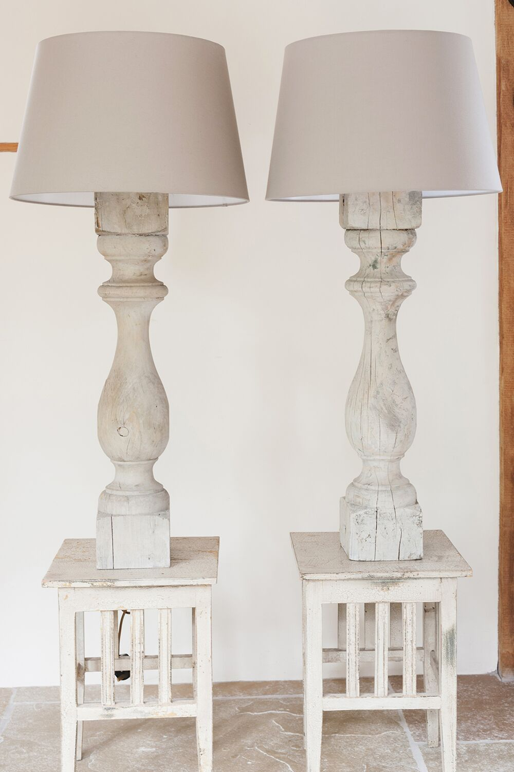 Pair Tall Antique French Wooden Baluster Table Lamps Lampshades in sizing 1000 X 1503