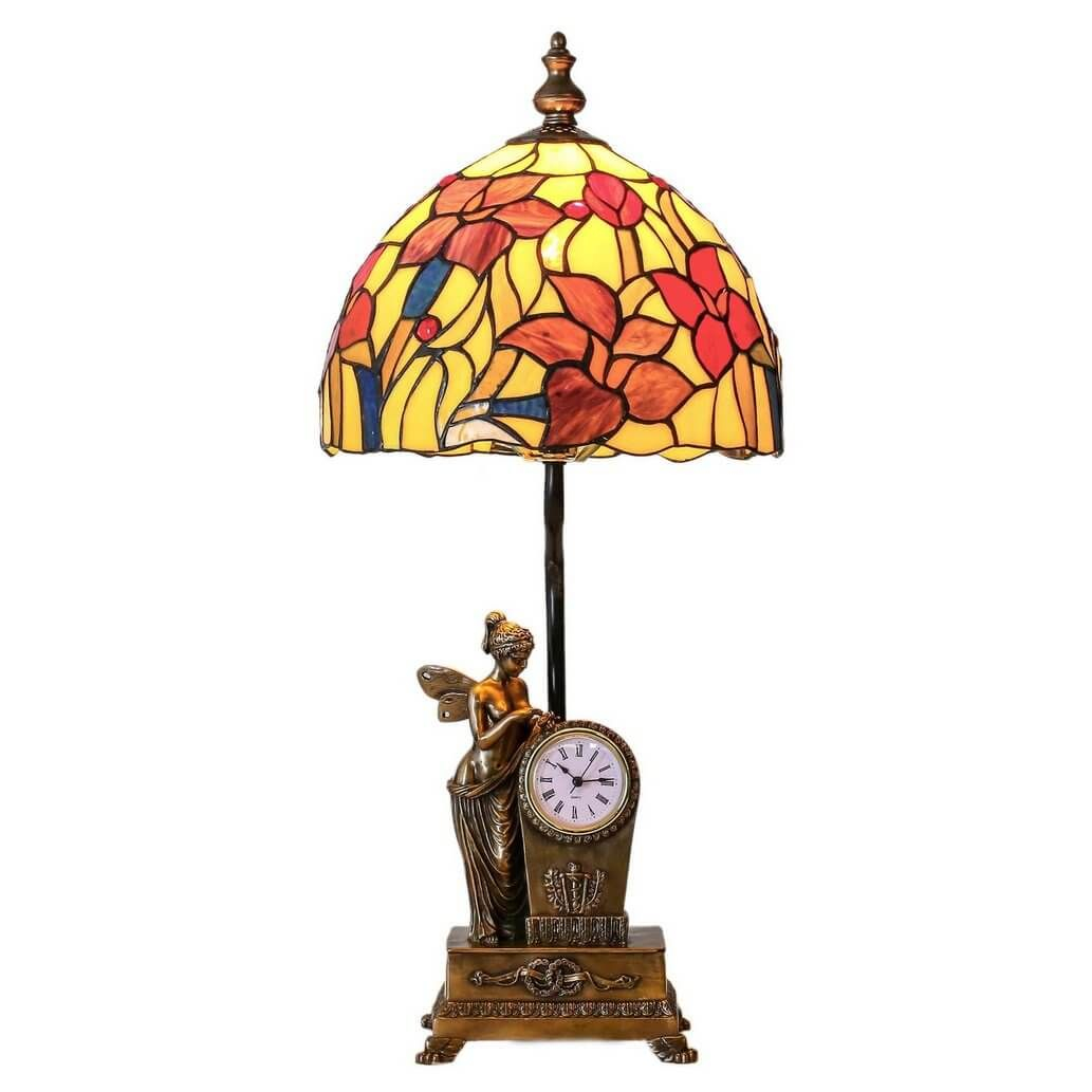 Tiffany Table Lamp Fairy Blossoms And Mini Clok On The Bottom Brown for measurements 1033 X 1033