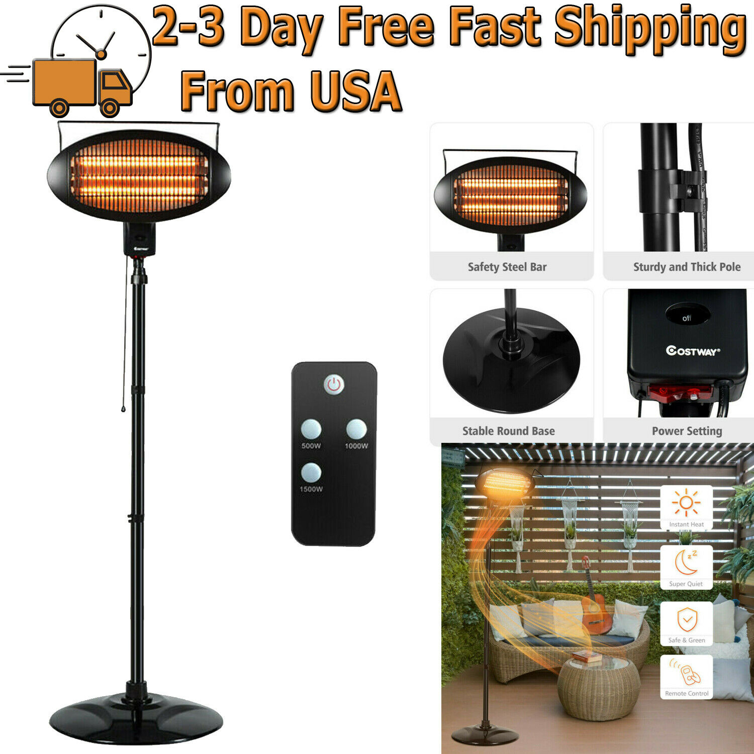 1500w Electric Outdoor Patio Heater Freestanding Halogen Warmer Remote Control inside proportions 1500 X 1500
