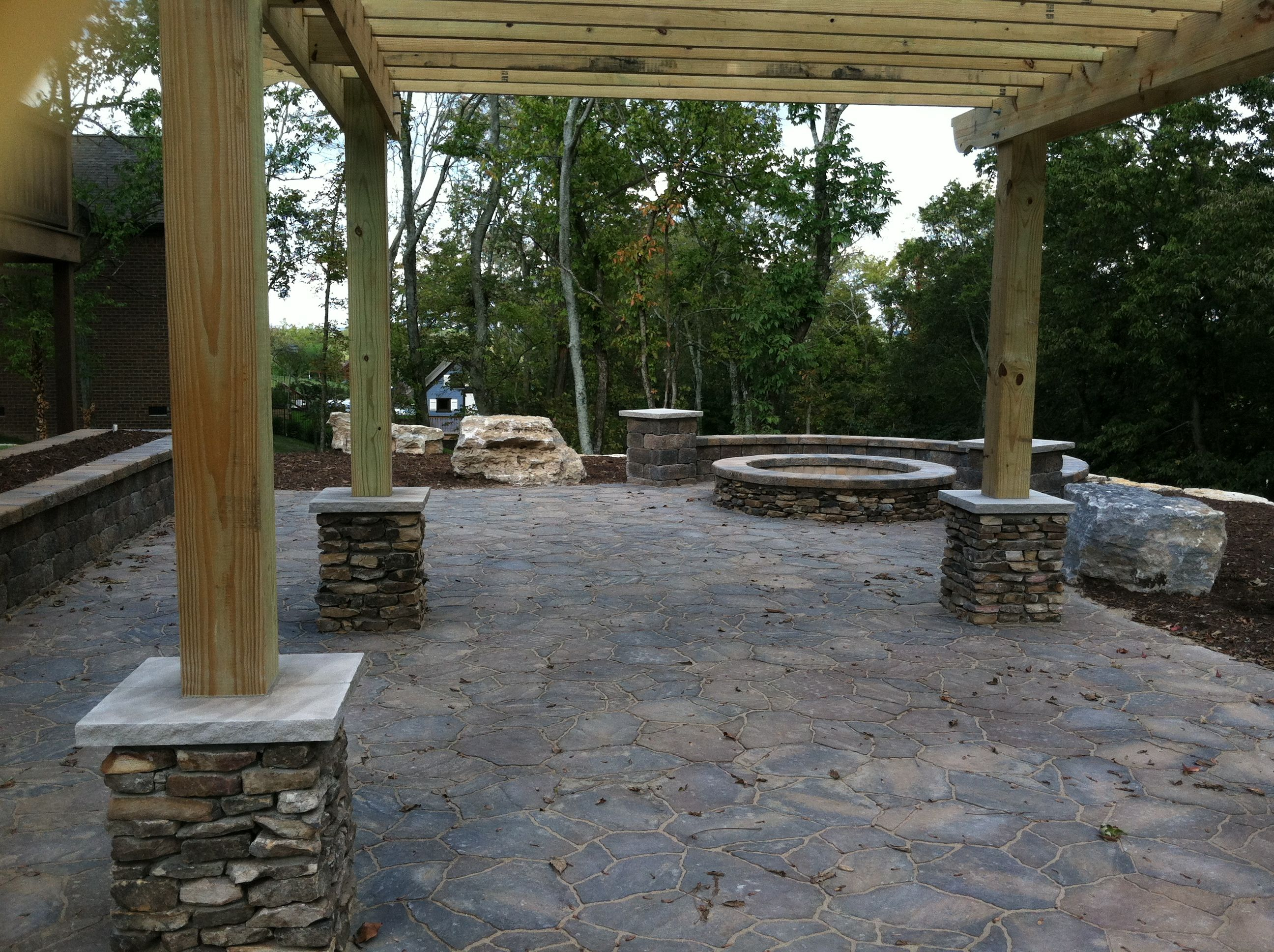 Backyard Brick Paver Patio With Pergola Fire Pit And intended for sizing 2592 X 1936