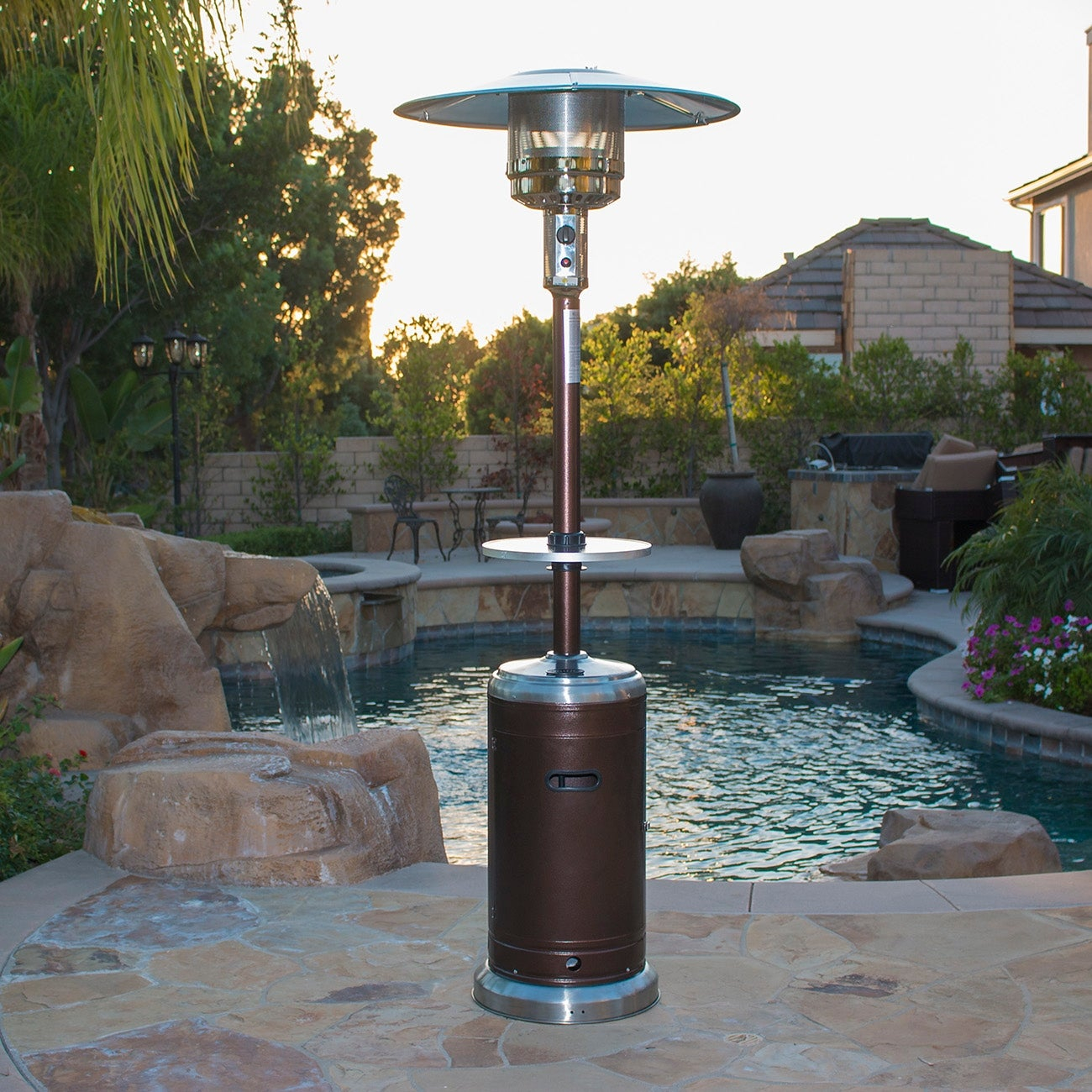 Belleze 48000 Btu Bronze Stainless Steel Patio Heater Propane W Drink Table Wheels for size 1300 X 1300