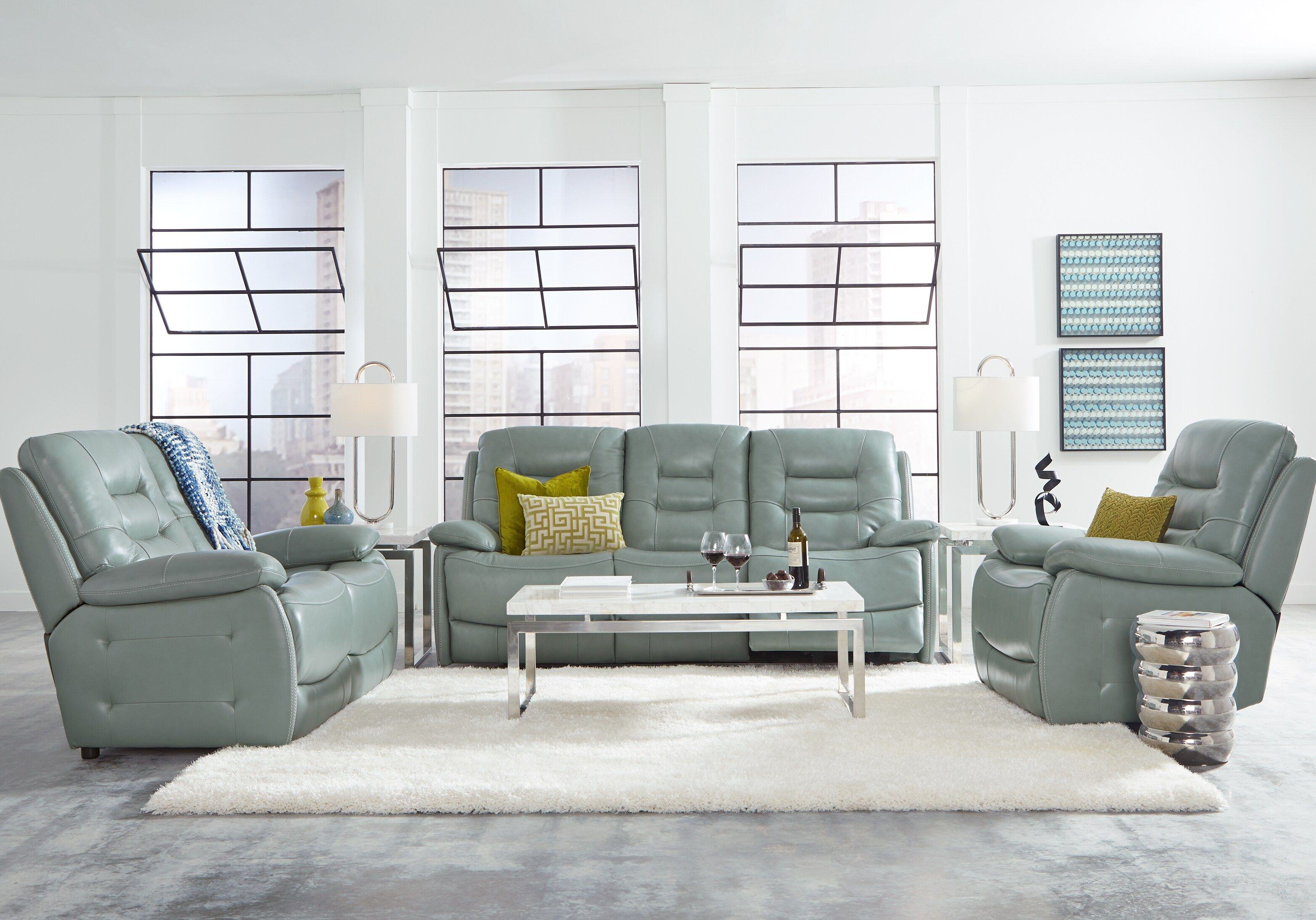 Carini Seafoam Leather 3 Pc Living Room With Reclining Sofa inside dimensions 3129 X 2187