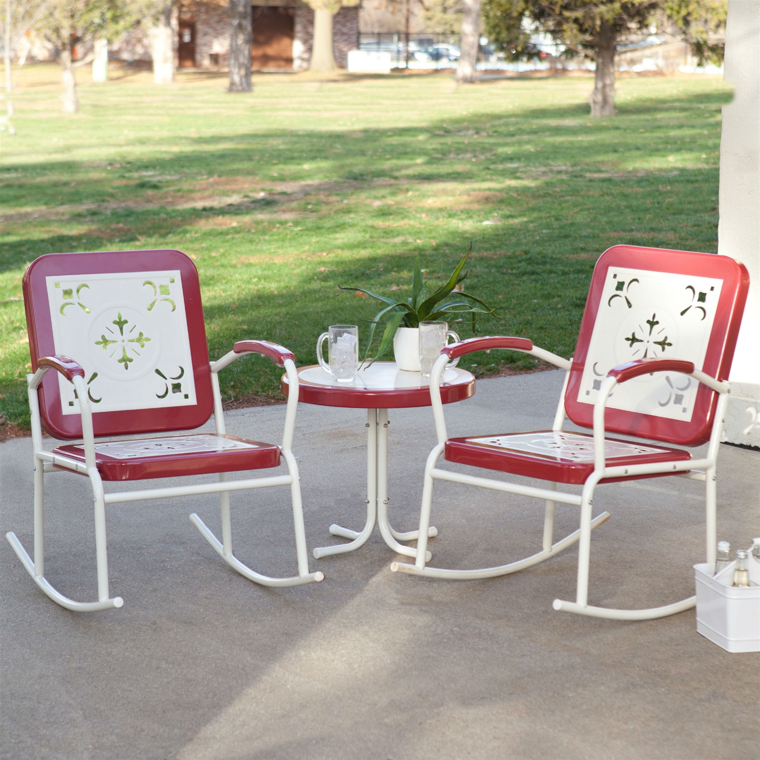 Cherry Red Retro Patio 3 Piece Metal Rocker Rocking Chair Set within dimensions 1500 X 1500