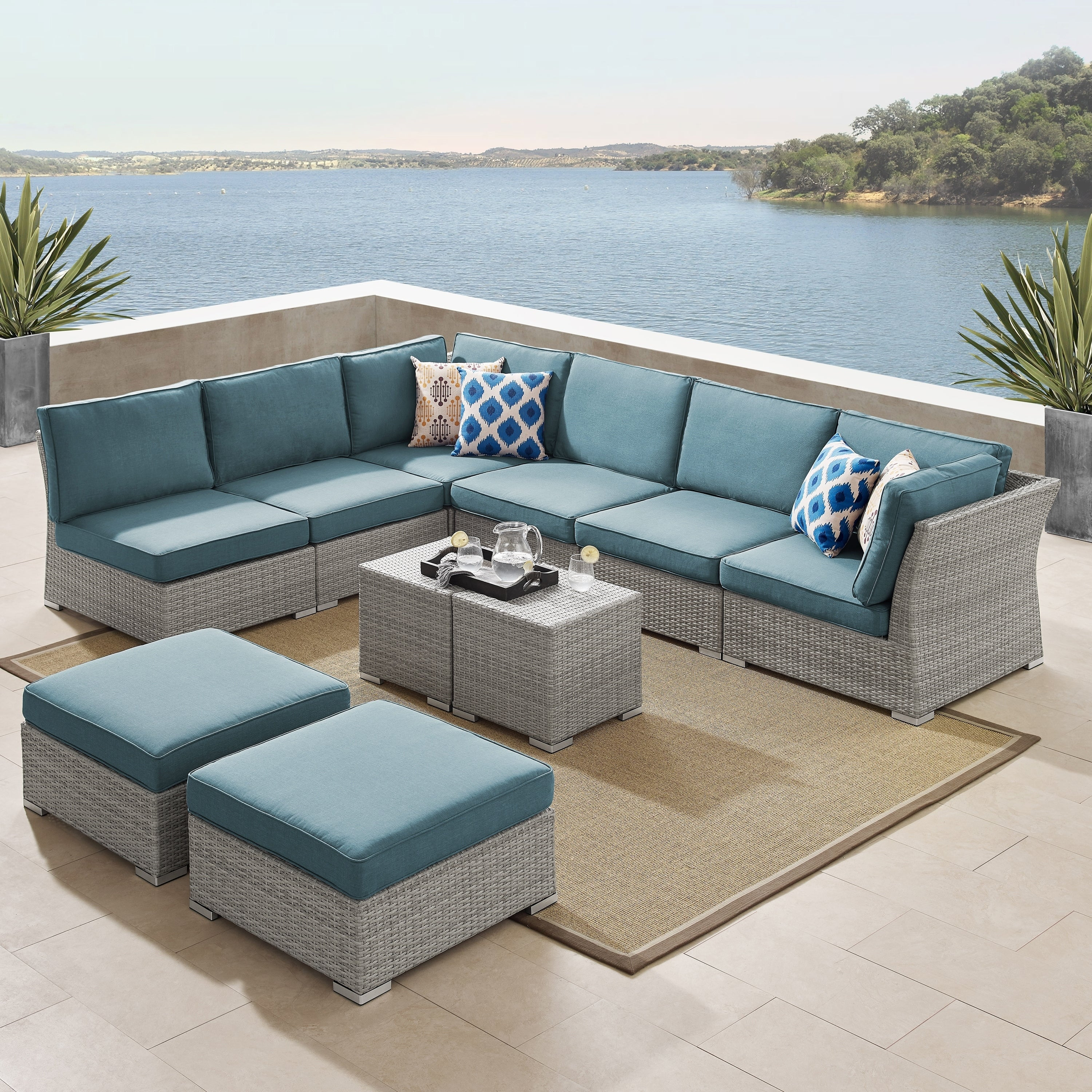 Corvus 10 Piece Grey Wicker Patio Sectional Conversation Sofa Set With Blue Cushions inside sizing 3000 X 3000