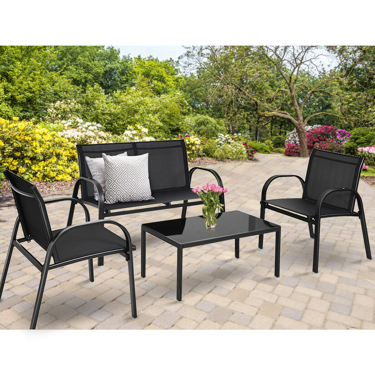 Costway 4 Pcs Patio Furniture Set Sofa Coffee Table Steel Frame Garden Deck Black Walmart in size 1200 X 1200