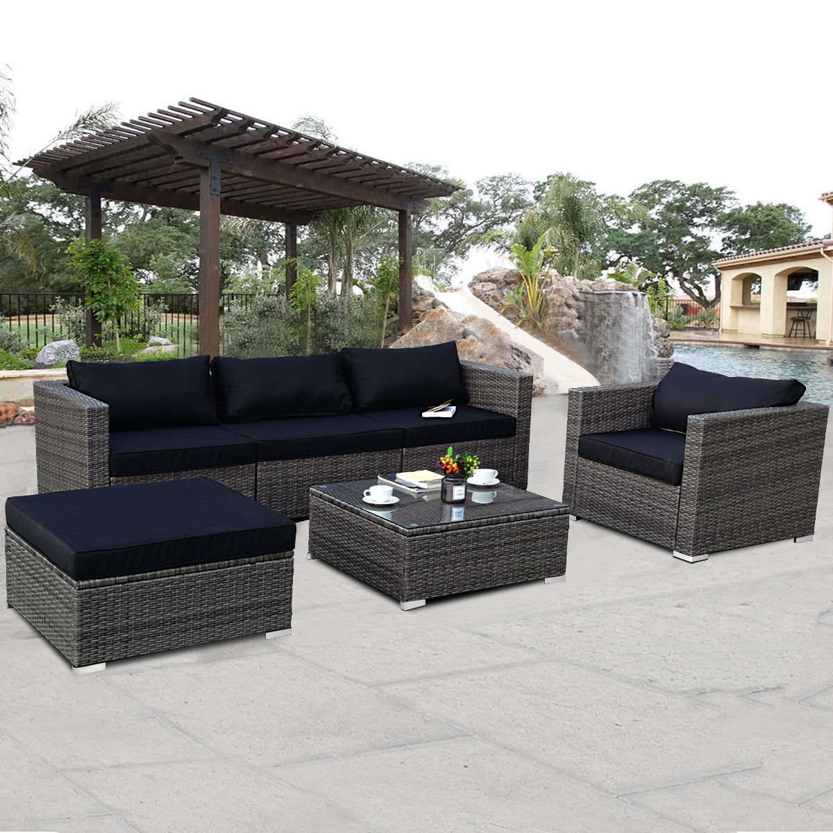 Costway 6 Piece Rattan Wicker Patio Furniture Set Sectional Sofa Couch Yard With Black Cushion Walmart throughout size 1200 X 1200