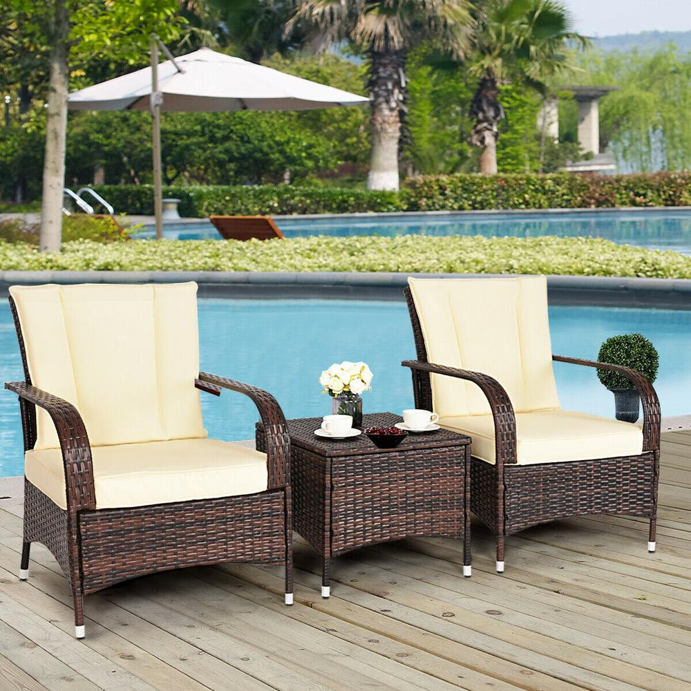 Costway Mix Brown 3 Piece Rattan Wicker Outdoor Furniture Patio Conversation Set With Beige Cushions with regard to measurements 1000 X 1000