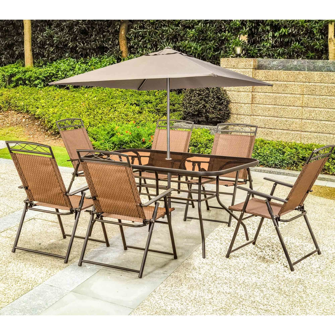 Courtyard Creations Arrowhead 8 Pc Sling Folding Set Tan throughout dimensions 1134 X 1134