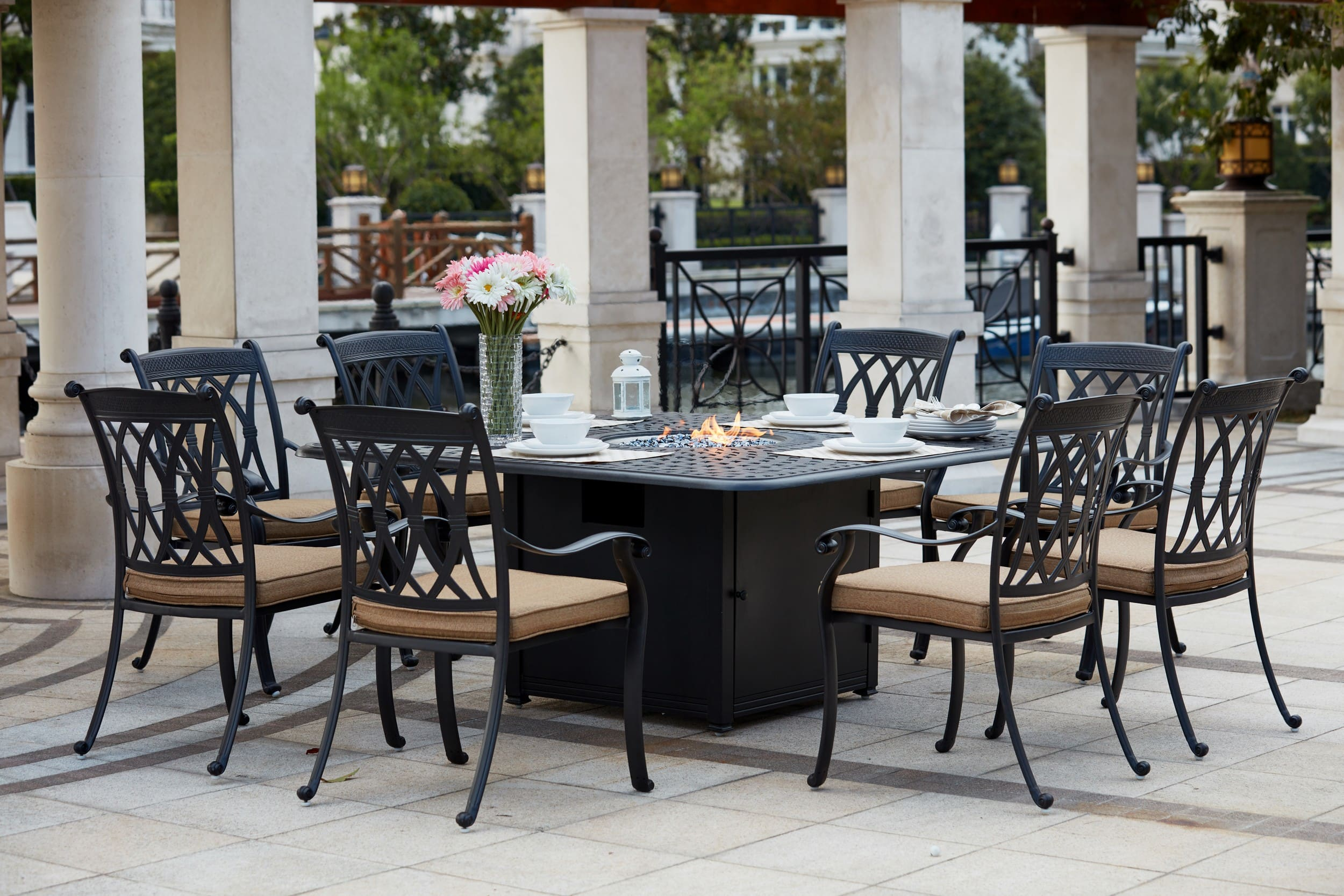 Darlee Capri Cast Aluminum 9 Piece Dining Set With 64 Square Propane Fire Pit Dining Table Reviews Goedekers with regard to dimensions 2500 X 1667