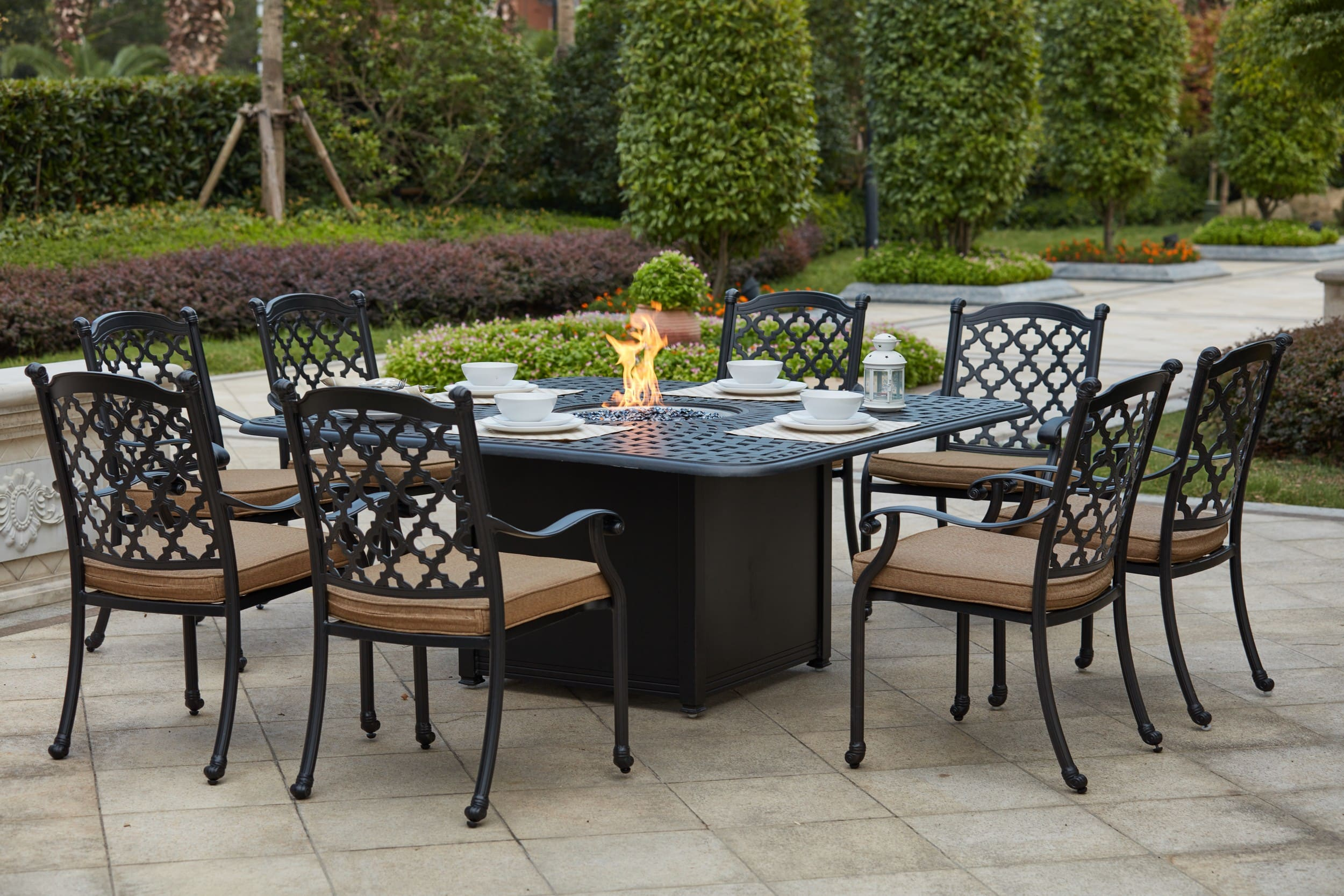 Darlee Madison Cast Aluminum 9 Piece Dining Set With 64 Square Propane Fire Pit Dining Table Reviews Goedekers throughout sizing 2500 X 1667