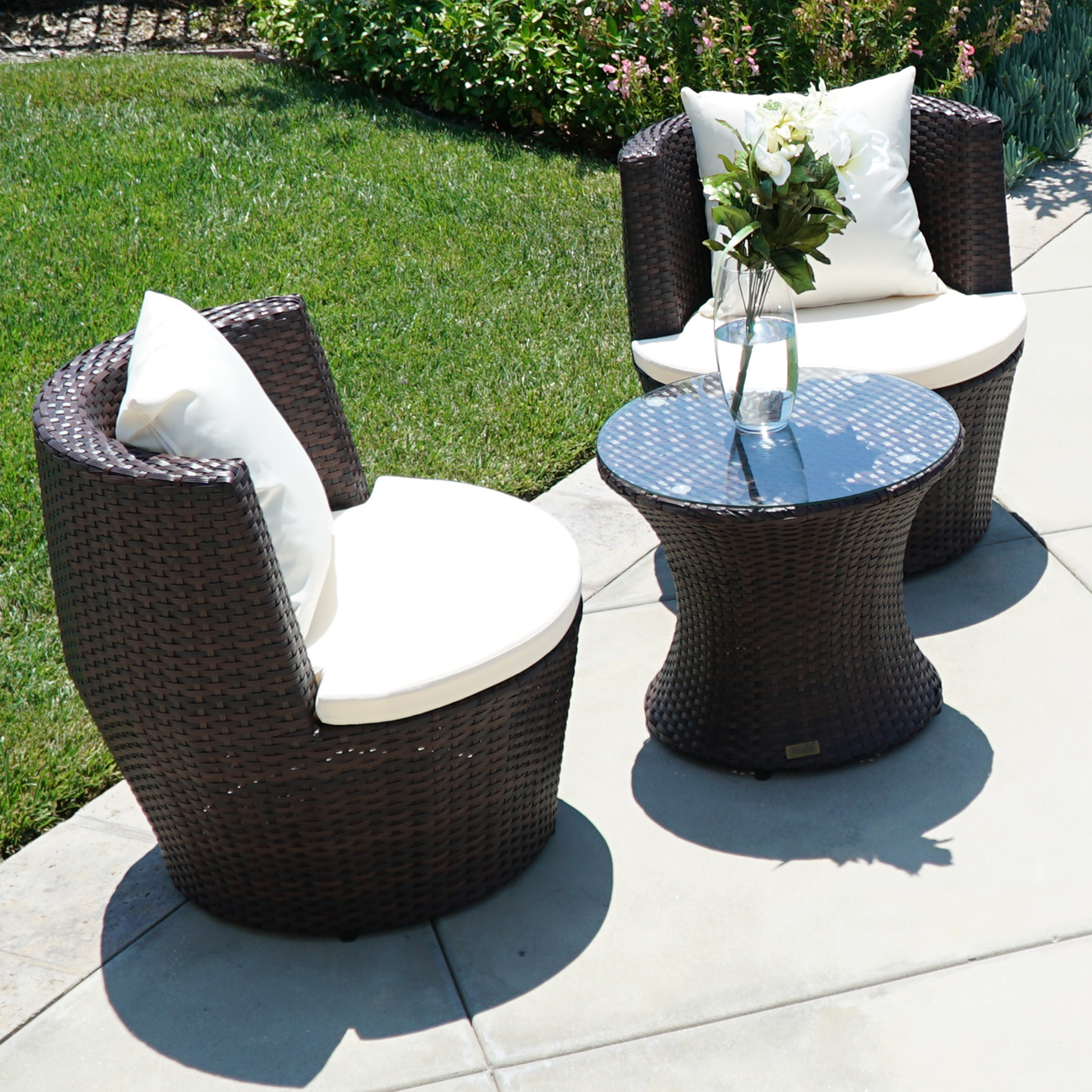 Details About 3 Pc Patio Outdoor Rattan Set Wicker Furniture Glass Table Brown Round Chairs for size 1300 X 1300