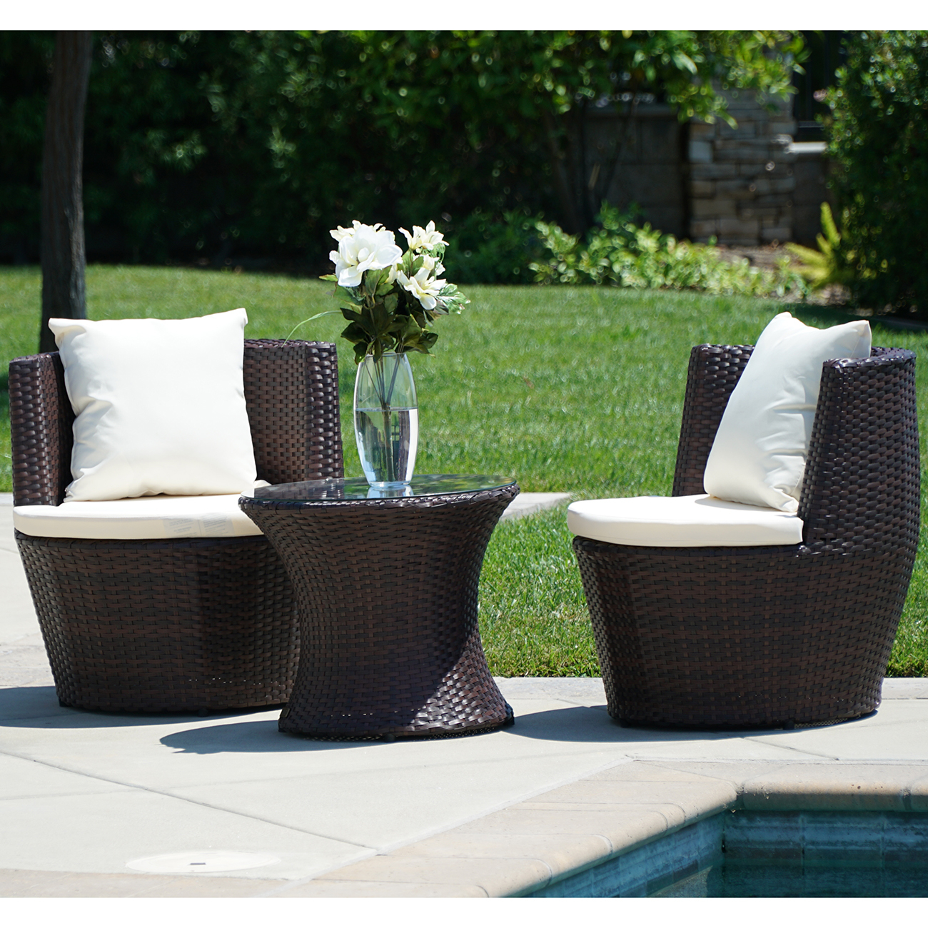 Details About 3 Pc Patio Outdoor Rattan Set Wicker Furniture Glass Table Brown Round Chairs regarding size 1300 X 1300