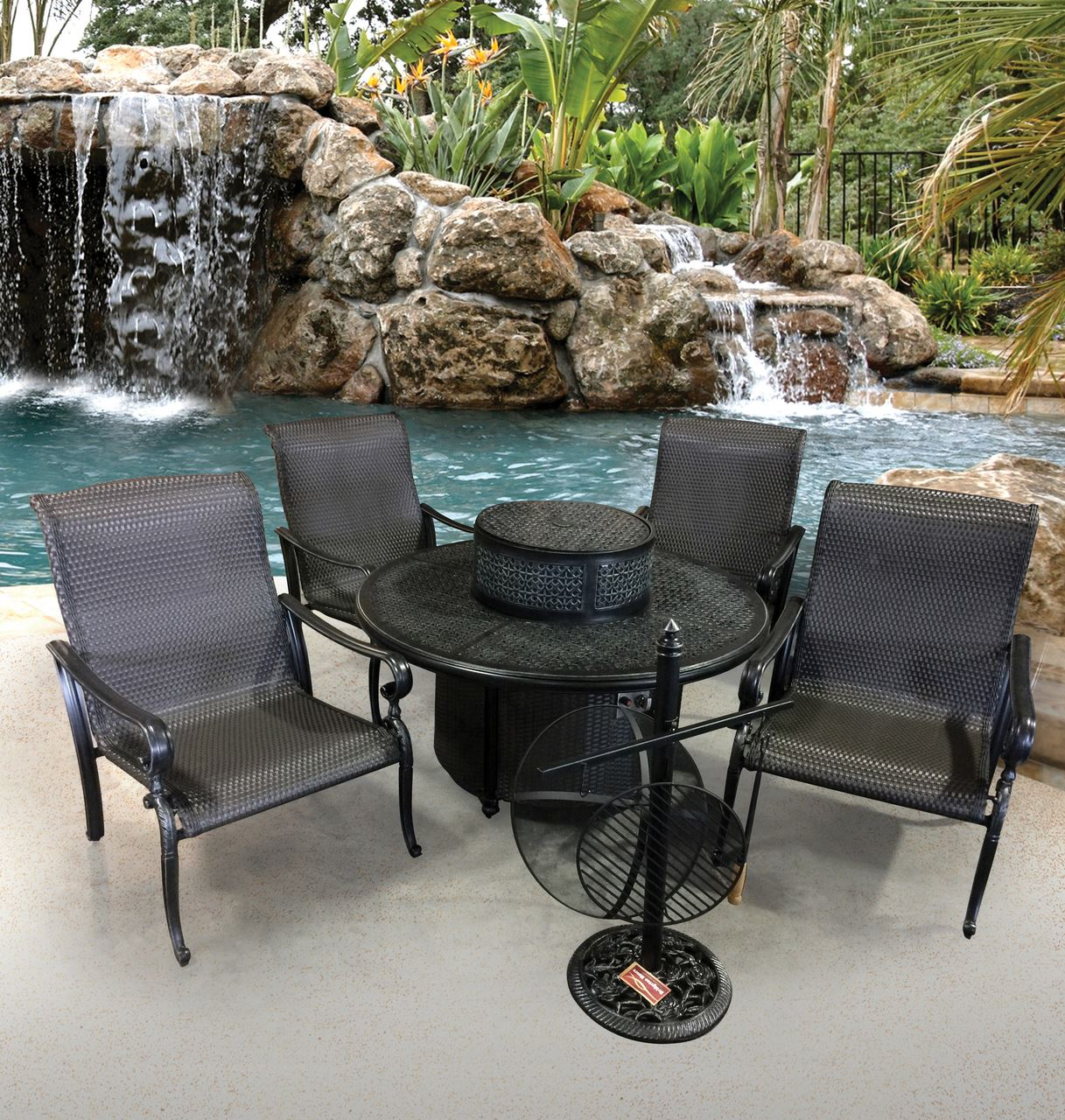 Details About Wyndermere 6pc Fire Pit Table Chair Outdoor Aluminum Patio Furniture Sunbrella throughout proportions 1217 X 1280