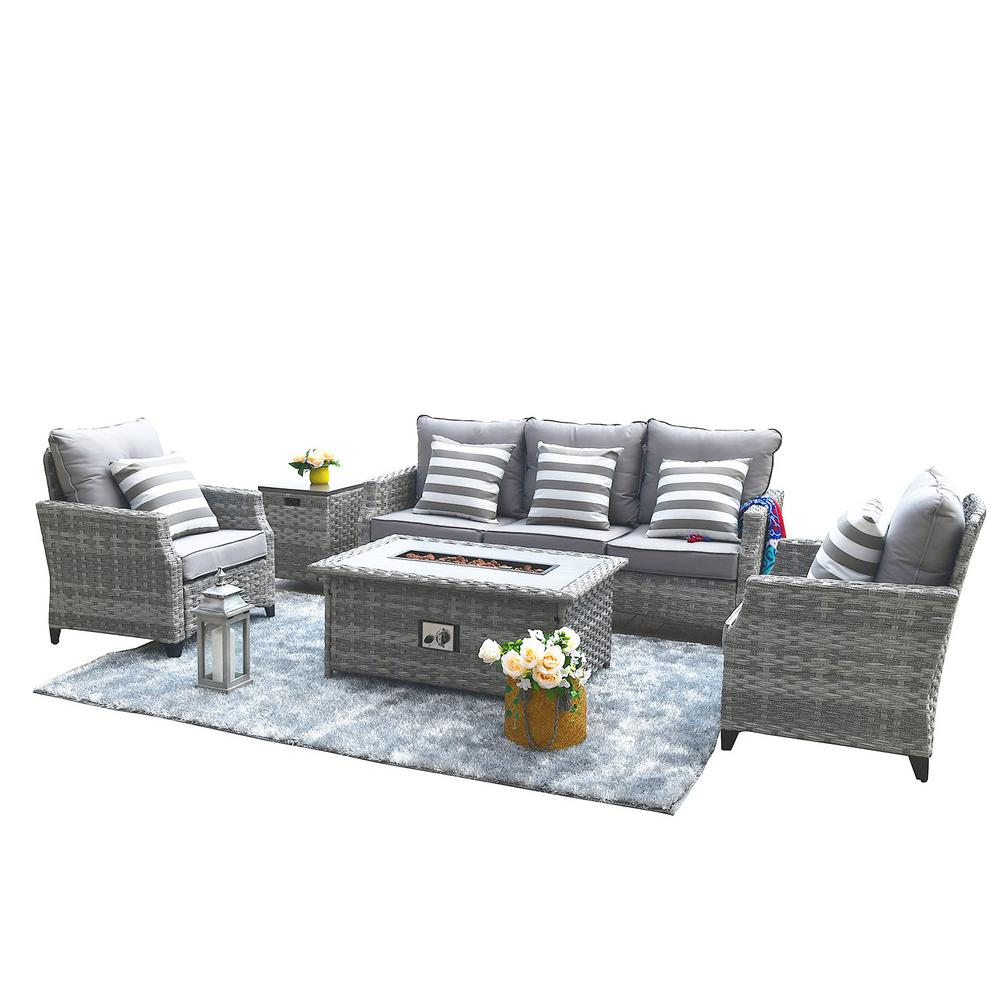 Direct Wicker Maxwell 5 Piece All Weather Wicker Patio Conversation Set With Gas Fire Pit Table And Gray Cushions pertaining to proportions 1000 X 1000