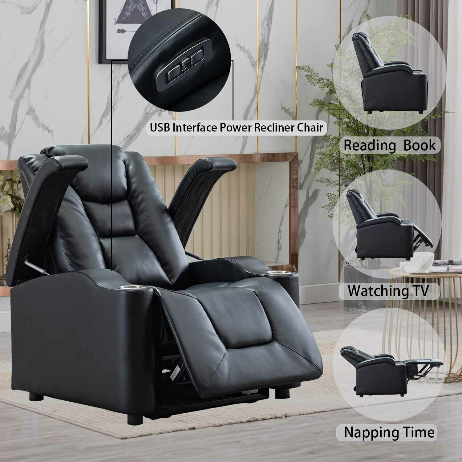 Electric Power Recliner Chair Breathable Bonded Leather With Cup Holder Usb Port throughout size 1500 X 1500