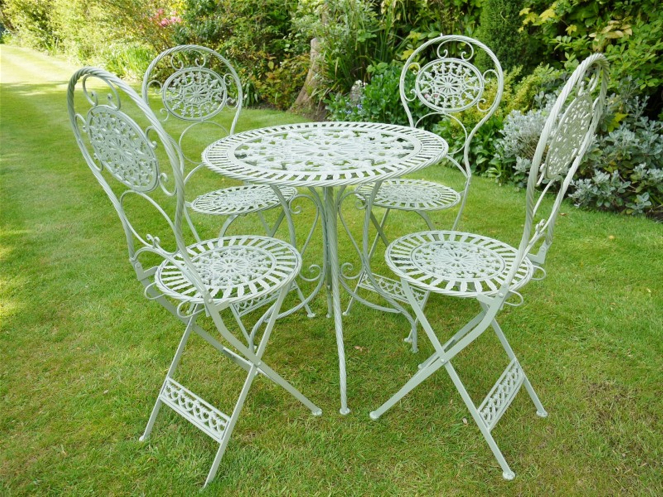 Green Wrought Iron Round Garden Bistro Set Table Four Chairs inside measurements 2250 X 1688