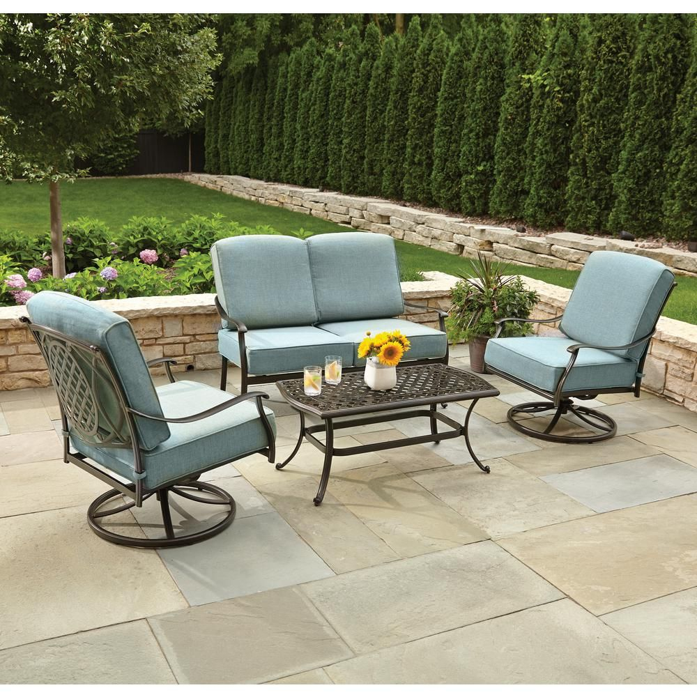 Hampton Bay Belcourt 4 Piece Metal Patio Conversation Set inside sizing 1000 X 1000