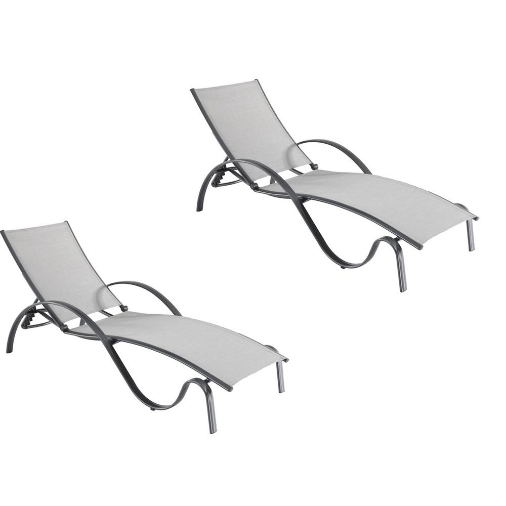 Hampton Bay Commercial Grade Aluminum Light Gray Outdoor Chaise Lounge With Sunbrella Augustine Alloy Sling 2 Pack in proportions 1000 X 1000