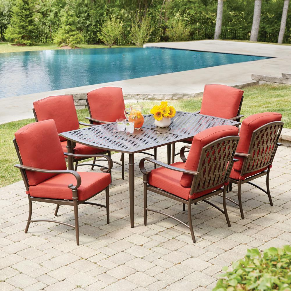 Hampton Bay Oak Cliff 7 Piece Metal Outdoor Dining Set With 6 Stationary Chairs And Chili Cushions regarding size 1000 X 1000