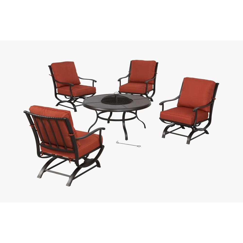 Hampton Bay Redwood Valley 5 Piece Metal Patio Fire Pit Seating Set With Quarry Red Cushions with sizing 1000 X 1000