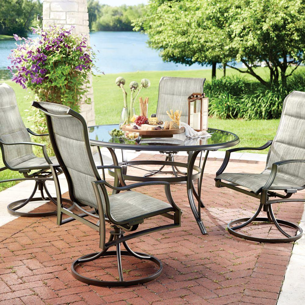 Hampton Bay Statesville 5 Piece Padded Sling Patio Dining Set With 53 In Glass Top with dimensions 1000 X 1000