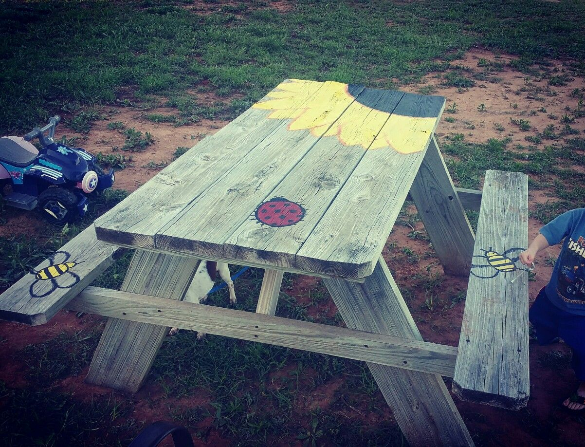 Hand Painted Picnic Table Sunflower Bee Ladybug In 2019 inside measurements 1202 X 918