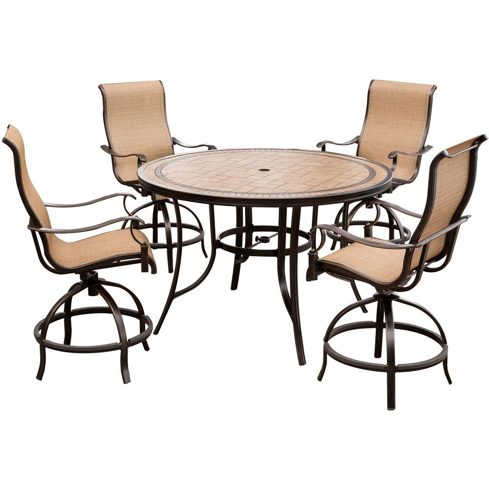 Hanover Monaco 5 Piece Aluminum Outdoor High Dining Set With Round Tile Top Table And Contoured Sling Swivel Chairs inside dimensions 1000 X 1000