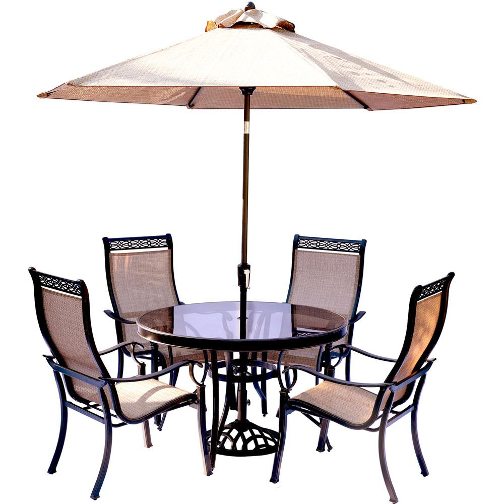 Hanover Monaco 5 Piece Outdoor Dining Set With Round Glass Top Table And Contoured Sling Stationary Chairs Umbrella And Base for dimensions 1000 X 1000
