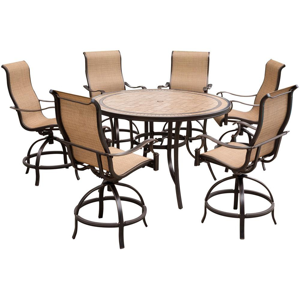 Hanover Monaco 7 Piece Aluminum Outdoor High Dining Set With Round Tile Top Table And Contoured Sling Swivel Chairs in proportions 1000 X 1000