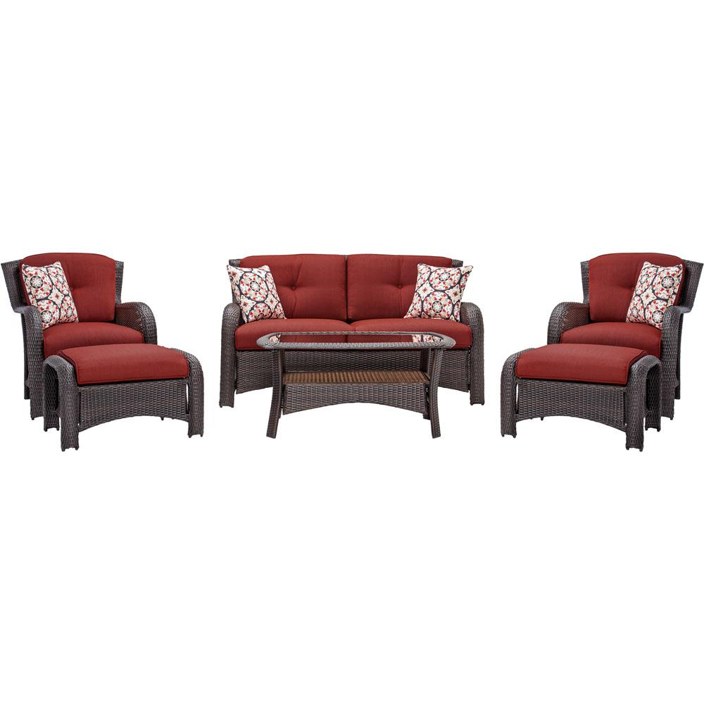 Hanover Strathmere 6 Piece All Weather Wicker Patio Seating Set With Crimson Red Cushions regarding size 1000 X 1000