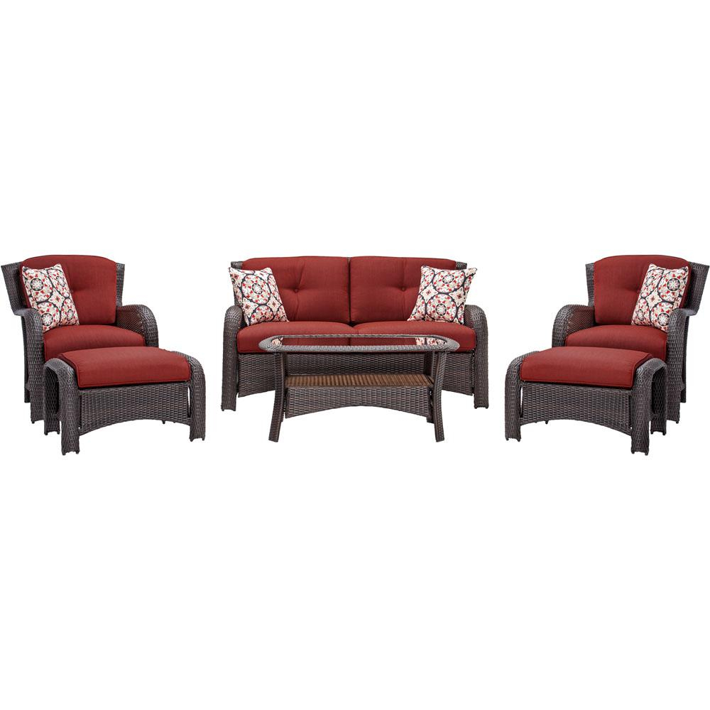 Hanover Strathmere 6 Piece All Weather Wicker Patio Seating Set With Crimson Red Cushions with size 1000 X 1000