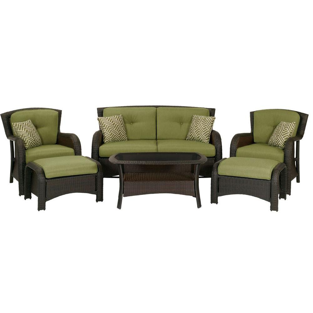 Hanover Strathmere 6 Piece Deep Wicker Patio Seating Set With Cilantro Green Cushions with regard to dimensions 1000 X 1000