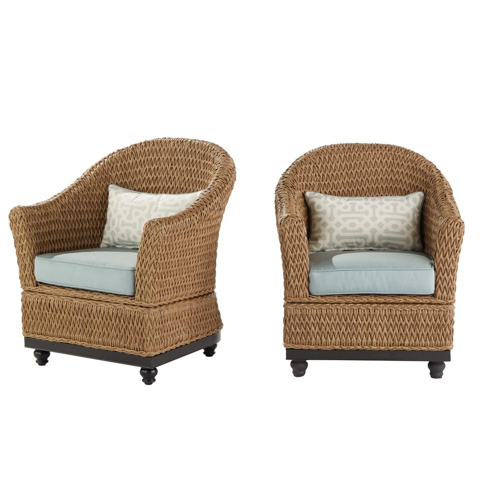 Home Decorators Collection Camden Light Brown Wicker Outdoor Porch Chat Lounge Chair With Fretwork Mist Cushions 2 Pack within proportions 1000 X 1000
