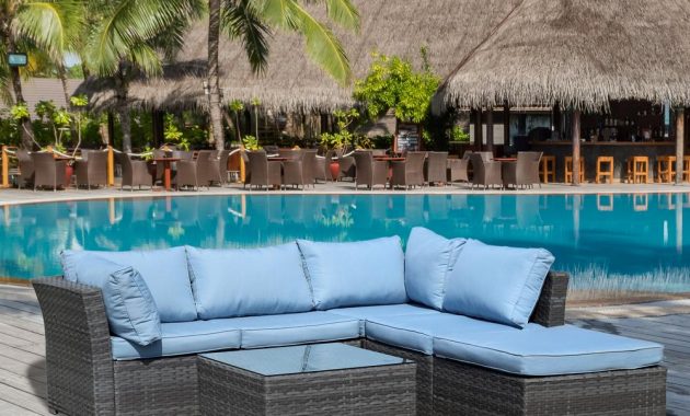 Jicaro Gray 5 Piece Wicker Outdoor Sectional Set With Light Blue Cushions with proportions 1000 X 1000