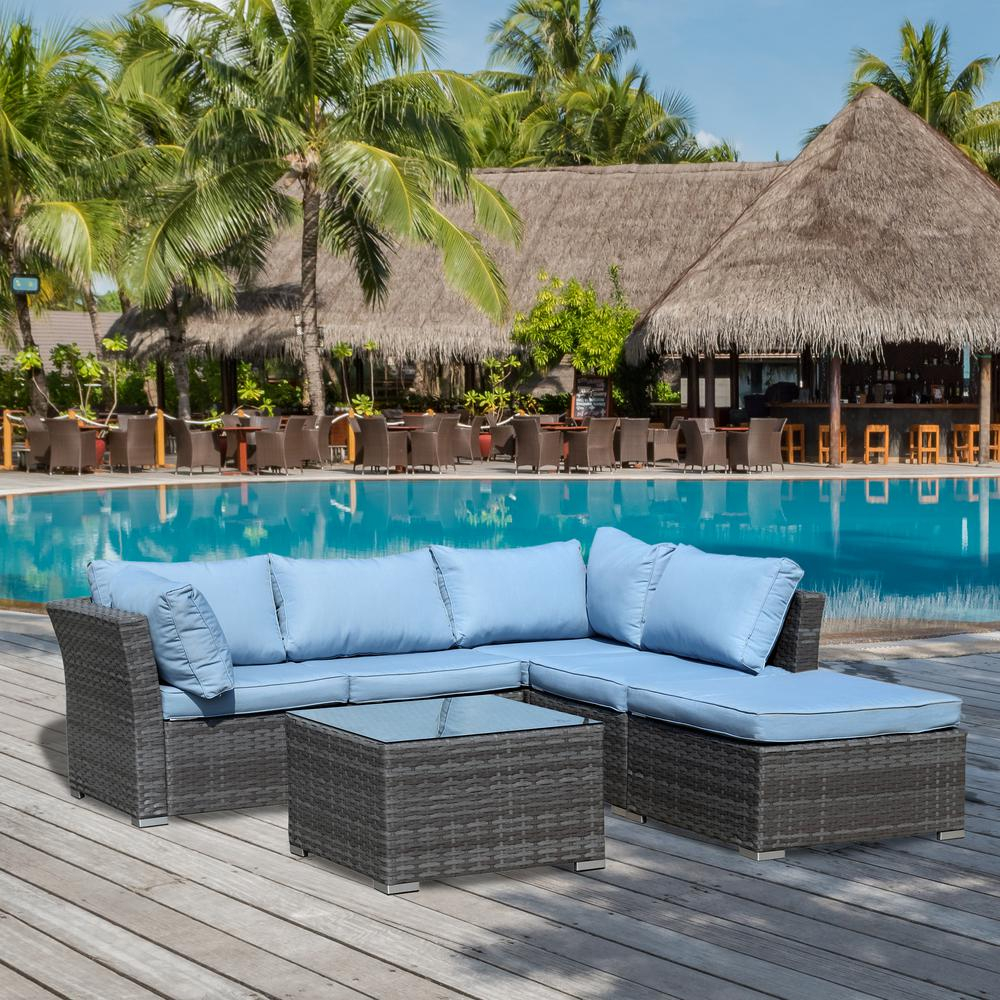 Jicaro Gray 5 Piece Wicker Outdoor Sectional Set With Light Blue Cushions with proportions 1000 X 1000