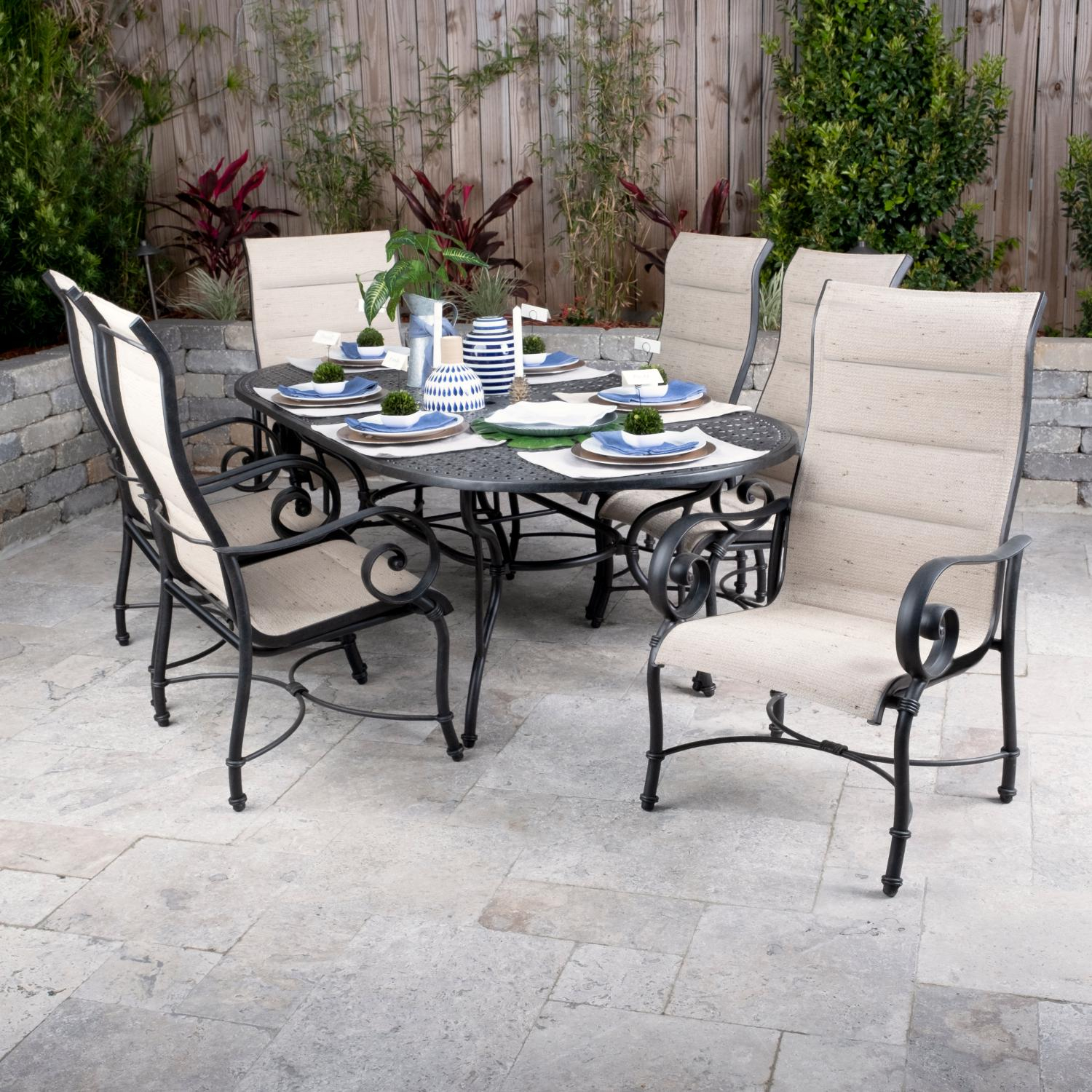 Lakeview Elysian 7 Piece Padded Sunbrella Sling Patio Dining regarding proportions 1500 X 1500