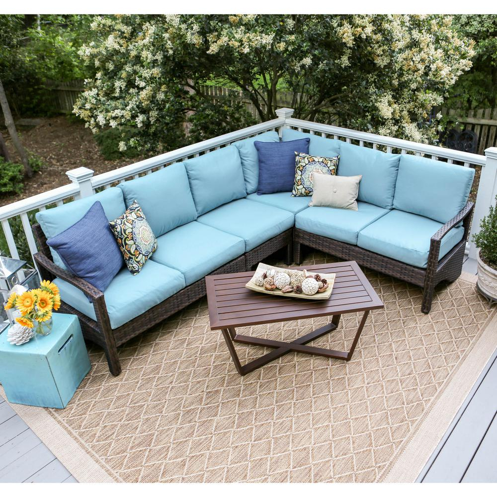 Leisure Made Augusta 5 Piece Wicker Outdoor Sectional Set With Blue Cushions inside proportions 1000 X 1000