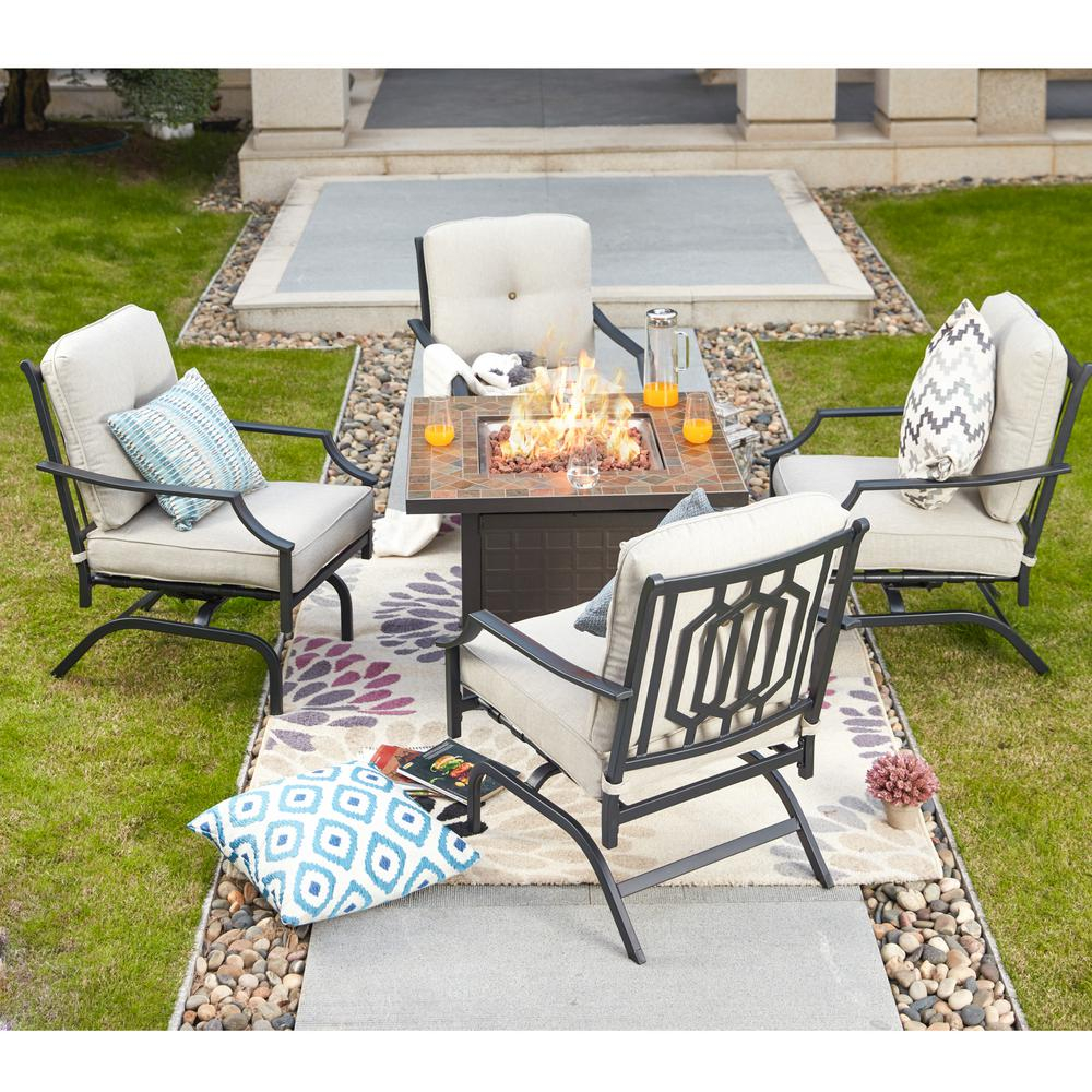 Patio Festival 5 Piece Metal Patio Fire Pit Seating Set With Beige Cushions in proportions 1000 X 1000