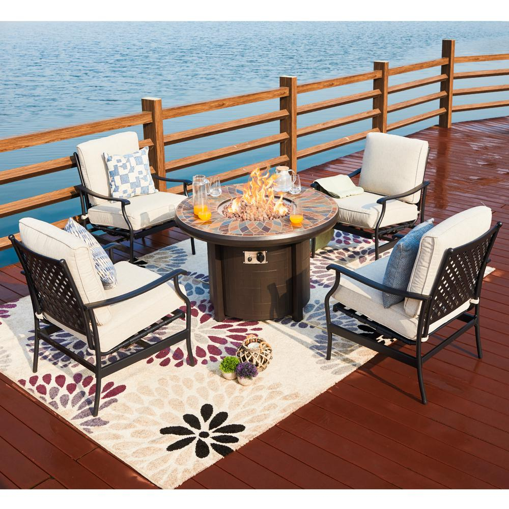 Patio Festival 5 Piece Metal Patio Fire Pit Seating Set With Beige Cushions within proportions 1000 X 1000