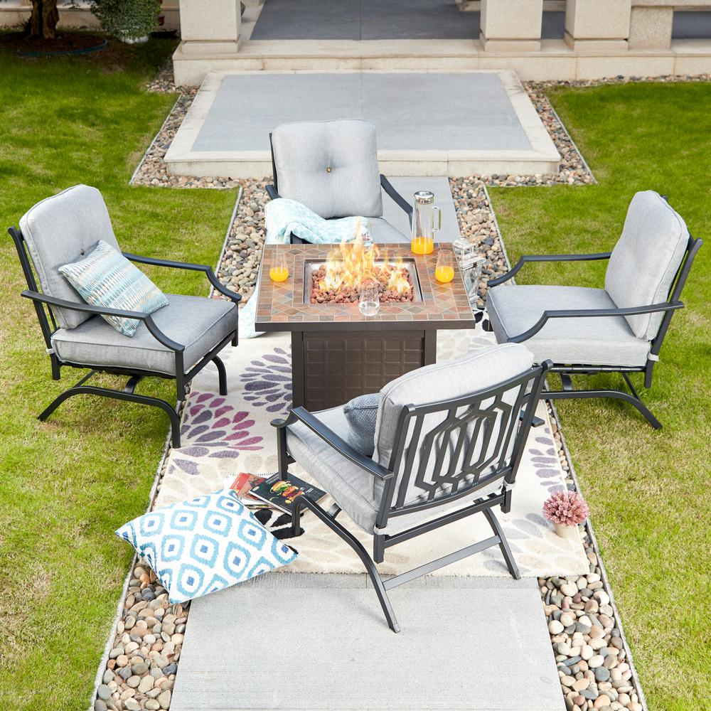 Patio Festival 5 Piece Metal Patio Fire Pit Seating Set With Gray Cushions with regard to size 1000 X 1000