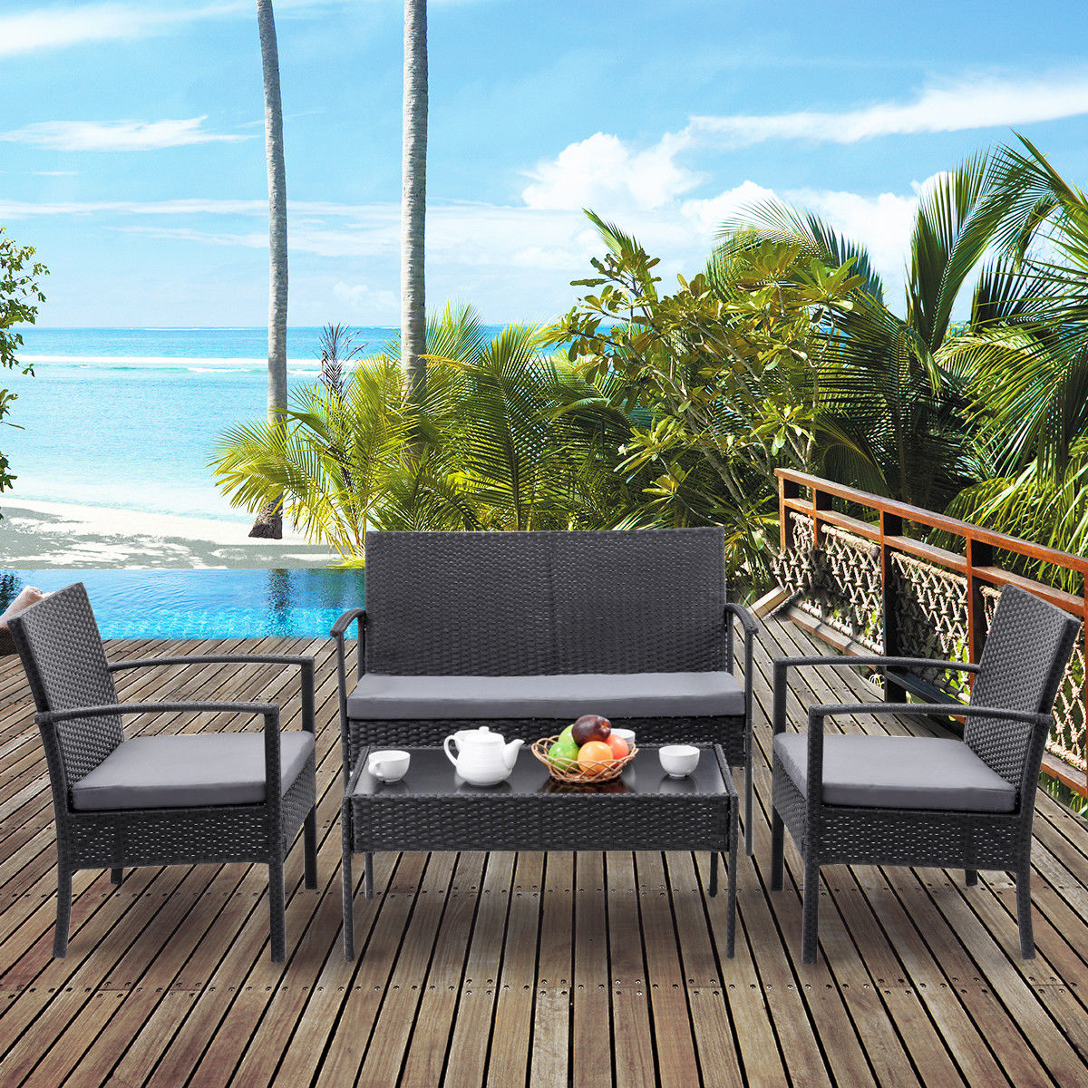 Us 15979 Costway 4 Pcs Outdoor Patio Rattan Wicker Furniture Set Table Sofa Cushioned Deck Black In Sofa Tables From Furniture On Aliexpress with size 1200 X 1200