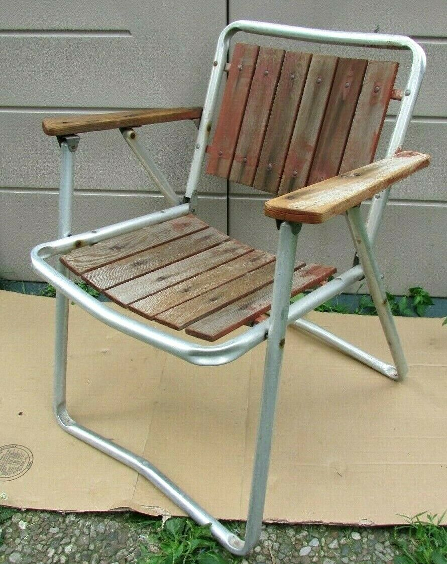 Vtg Red Wood Slat Aluminum Folding Patio Lawn Camping Beach Mid Century Chair inside sizing 890 X 1123