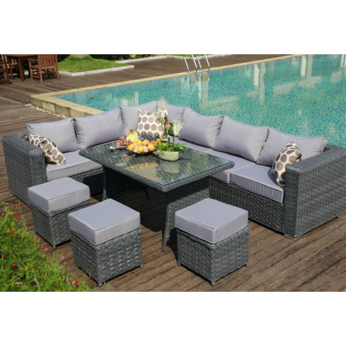 Yakoe Papaver 9 Seater Grey Rattan Garden Corner Sofa Table Set inside size 1200 X 1200