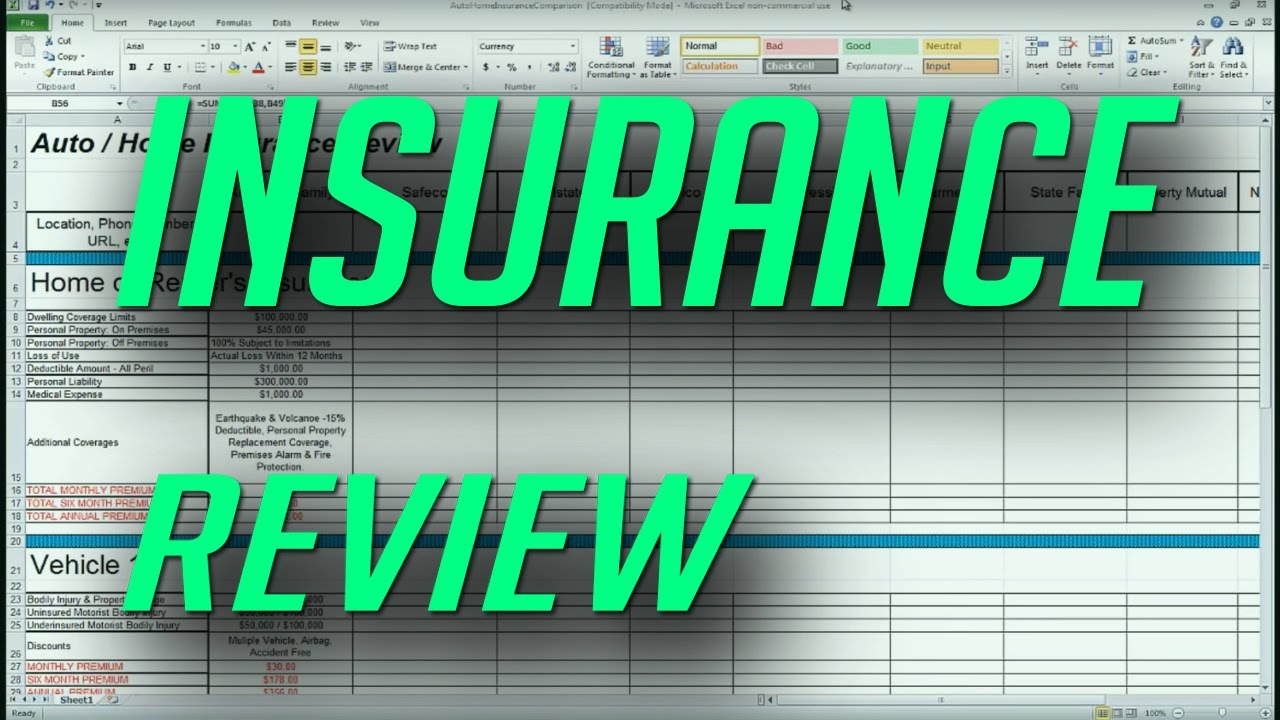 Auto And Home Insurance Comparison Review Spreadsheet with regard to size 1280 X 720